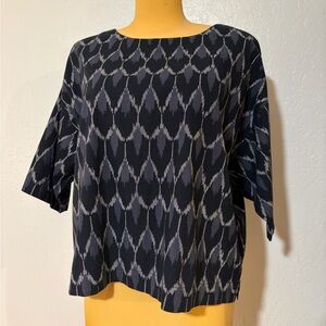 J Jill Purejill Indigo Shirt Ikat Print Lagenlook Pullover Kimono Sleeves XS